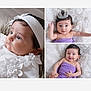 baby, infant, child, portrait, headband, crown, purple_towel, white_fabric, fluffy_background, smiling, curious, cute, soft_texture, closeup, collage, happy, lying_down, wrapped, adorable, baby_photography