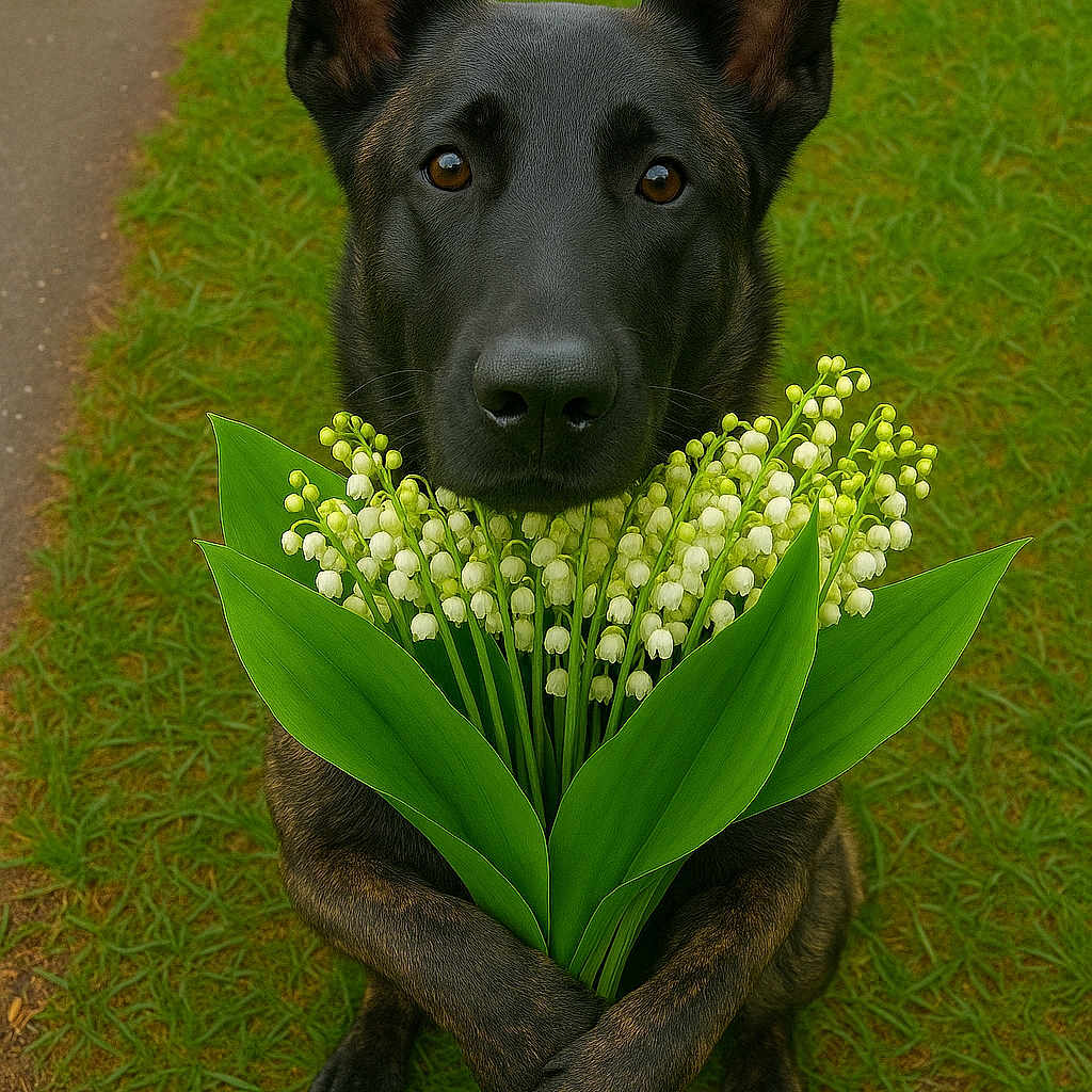 Titan participe au concours pour gagner de l'argent avec cette photo : animal, canine, cute, dog, ears, flower_bouquet, friendly, fur, grass, greenery, leaves, lily_of_the_valley, mammal, nature, outdoor, path, paws, pet, plant, portrait
