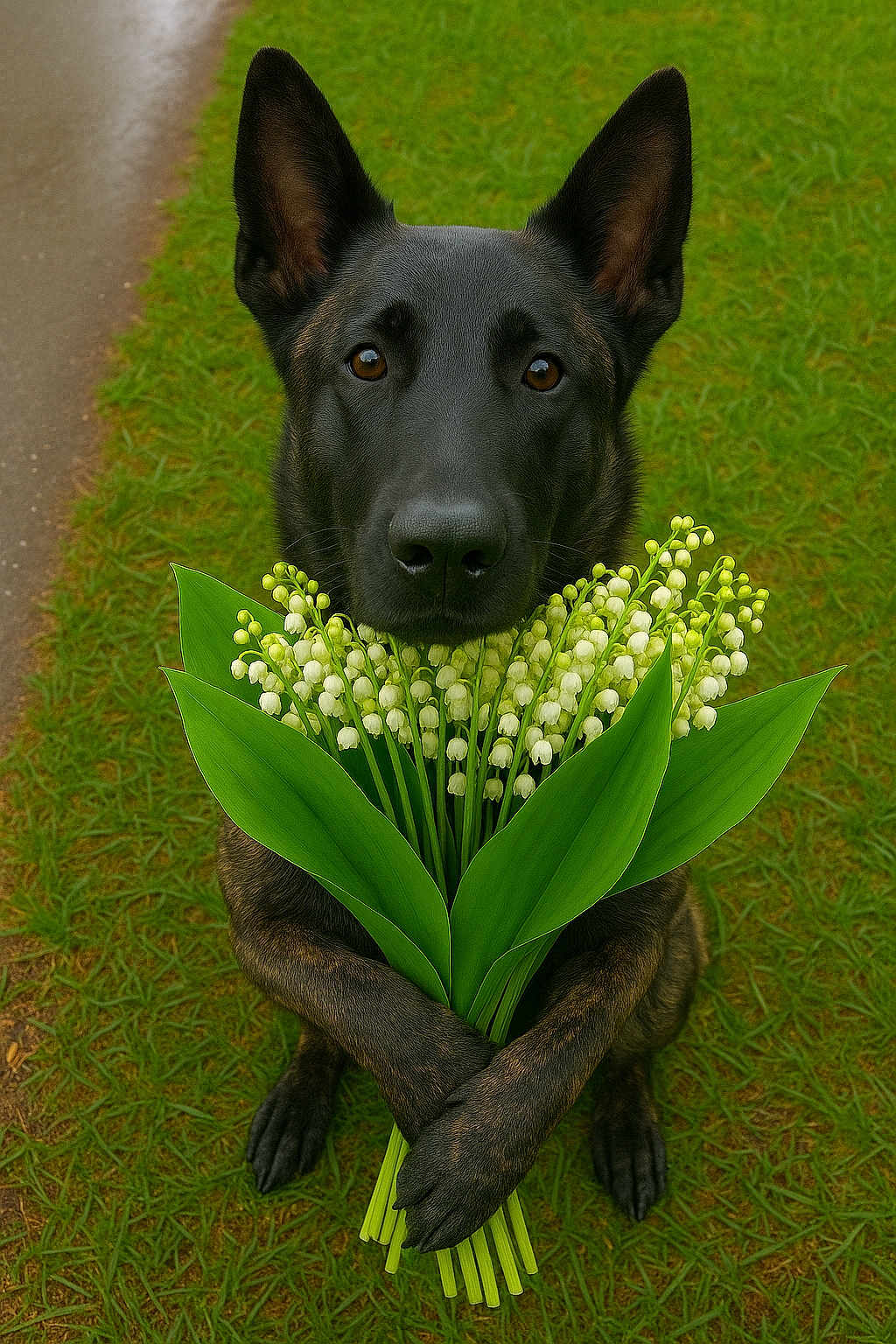 Titan participe au concours pour gagner de l'argent avec cette photo : dog, animal, flower_bouquet, grass, outdoor, pet, canine, nature, greenery, path, plant, leaves, lily_of_the_valley, portrait, cute, mammal, fur, ears, paws, friendly
