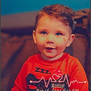 Alexandre is registered to the contest to win money with this photo: child, toddler, red_shirt, face, smile, couch, indoor, hair, portrait, young_child, sitting, cute, happy, person, digital_overlay, timestamp, heartbeat_graphic, blue_wall, cozy, casual