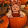 baby, child, infant, portrait, pumpkin, pumpkin_patch, autumn, fall, flowers, mums, hay, gourds, orange, headband, bow, overalls, smiling, sitting, outdoor, seasonal