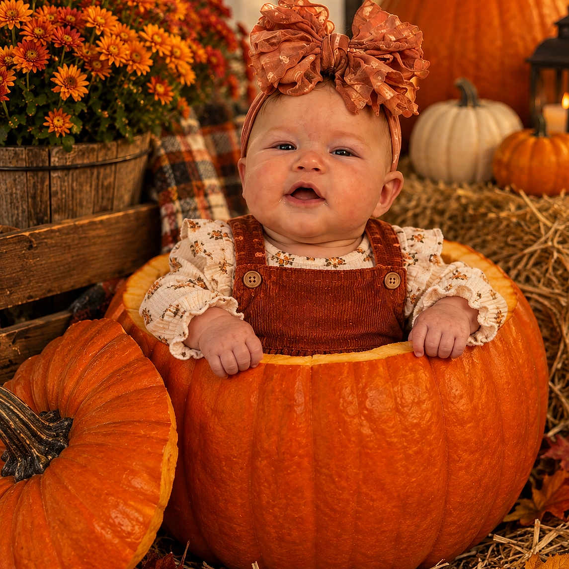 Isla is registered to the contest to win money with this photo: baby, child, infant, portrait, pumpkin, pumpkin_patch, autumn, fall, flowers, mums, hay, gourds, orange, headband, bow, overalls, smiling, sitting, outdoor, seasonal