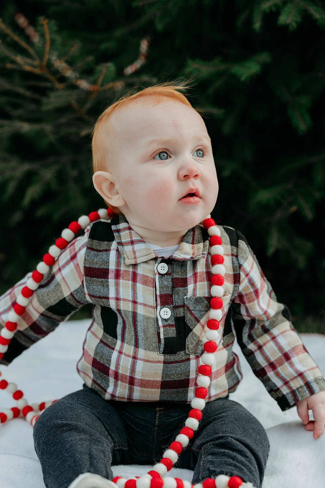 Cameron is registered to the contest to win money with this photo: baby, child, plaid_shirt, blue_eyes, red_hair, bead_garland, outdoor, pine_tree, blanket, sitting, curious, winter_clothing, casual, cute, portrait, holiday_decor, festive, infant, young_child, nature