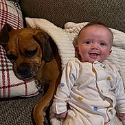 Josie is registered to the contest to win money with this photo: baby, dog, couch, pillow, blanket, smiling, sleeping, onesie, plaid, brown_dog, happy, comfort, indoor, pet, child, infant, relaxation, cozy, texture, resting