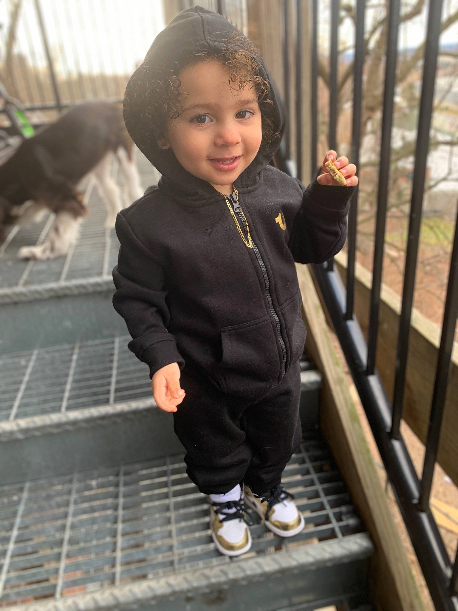 Valentino joined the competition — help win amazing prizes! child, fence, formal_wear, fun, fur, hairstyle, happy, jacket, joy, leg, leisure, mammal, person, sitting, skin, sleeve, smile, sneakers, standing, street_fashion