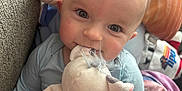 Kenai is registered to the contest to win money with this photo: baby, infant, plush_toy, couch, pillow, blanket, blue_clothing, smiling, cute, indoors, child, soft_toy, face, person, cozy, closeup, happy, young_child, comfort, home