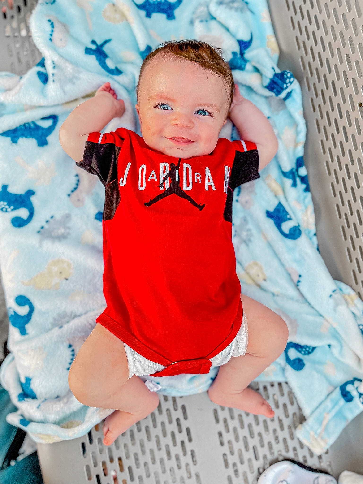 Landyn joined the competition — help win amazing prizes! aqua, baby, baby_toddler_clothing, blue, child, electric_blue, fun, happy, jersey, leisure, linens, pattern, person, shorts, sleeve, smile, sock, sportswear, t_shirt, thigh