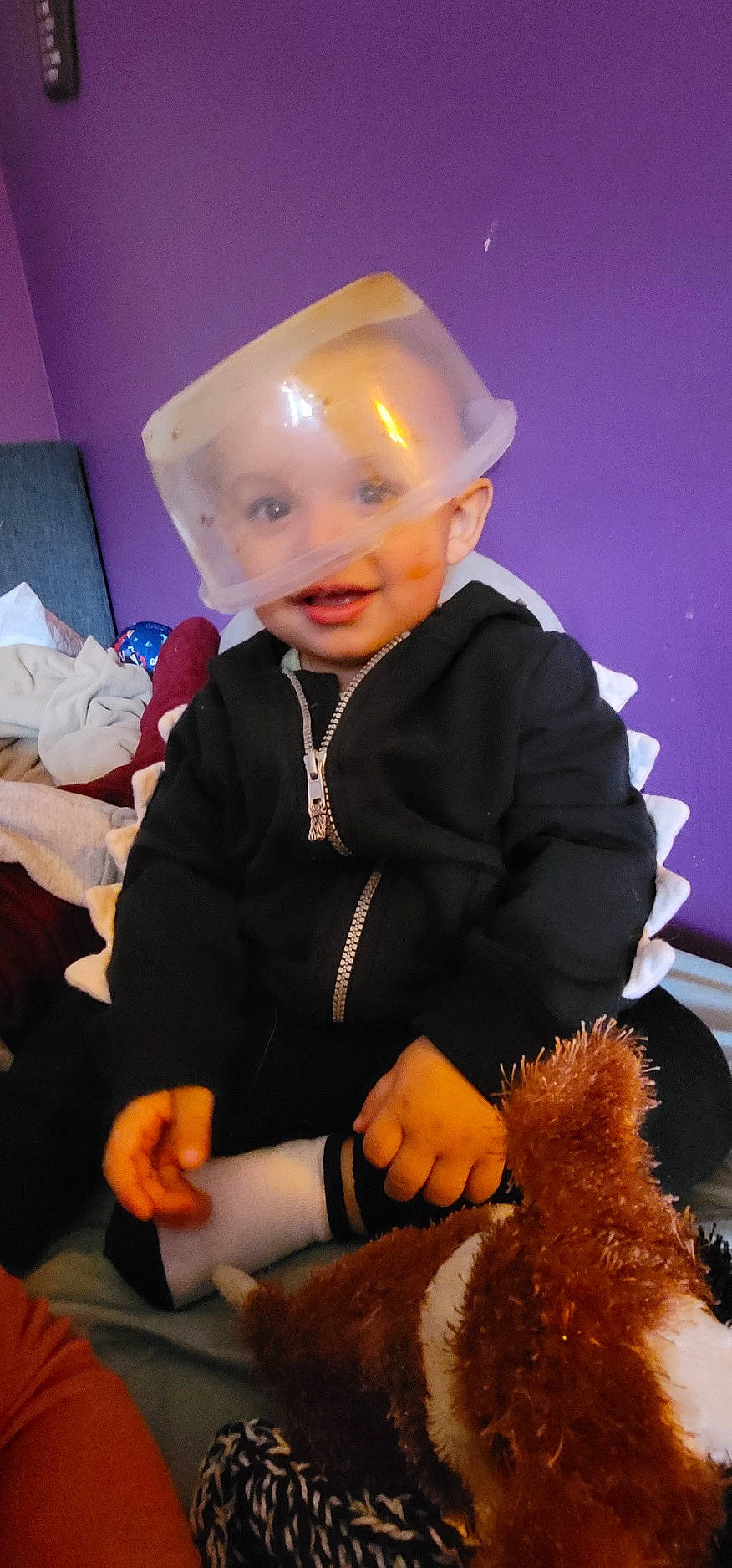 Layton is registered to the contest to win money with this photo: arm, baby, baby_toddler_clothing, child, electric_blue, event, fictional_character, formal_wear, fun, fur, fur_clothing, happy, hat, headgear, person, personal_protective_equipment, room, sitting, smile, toddler