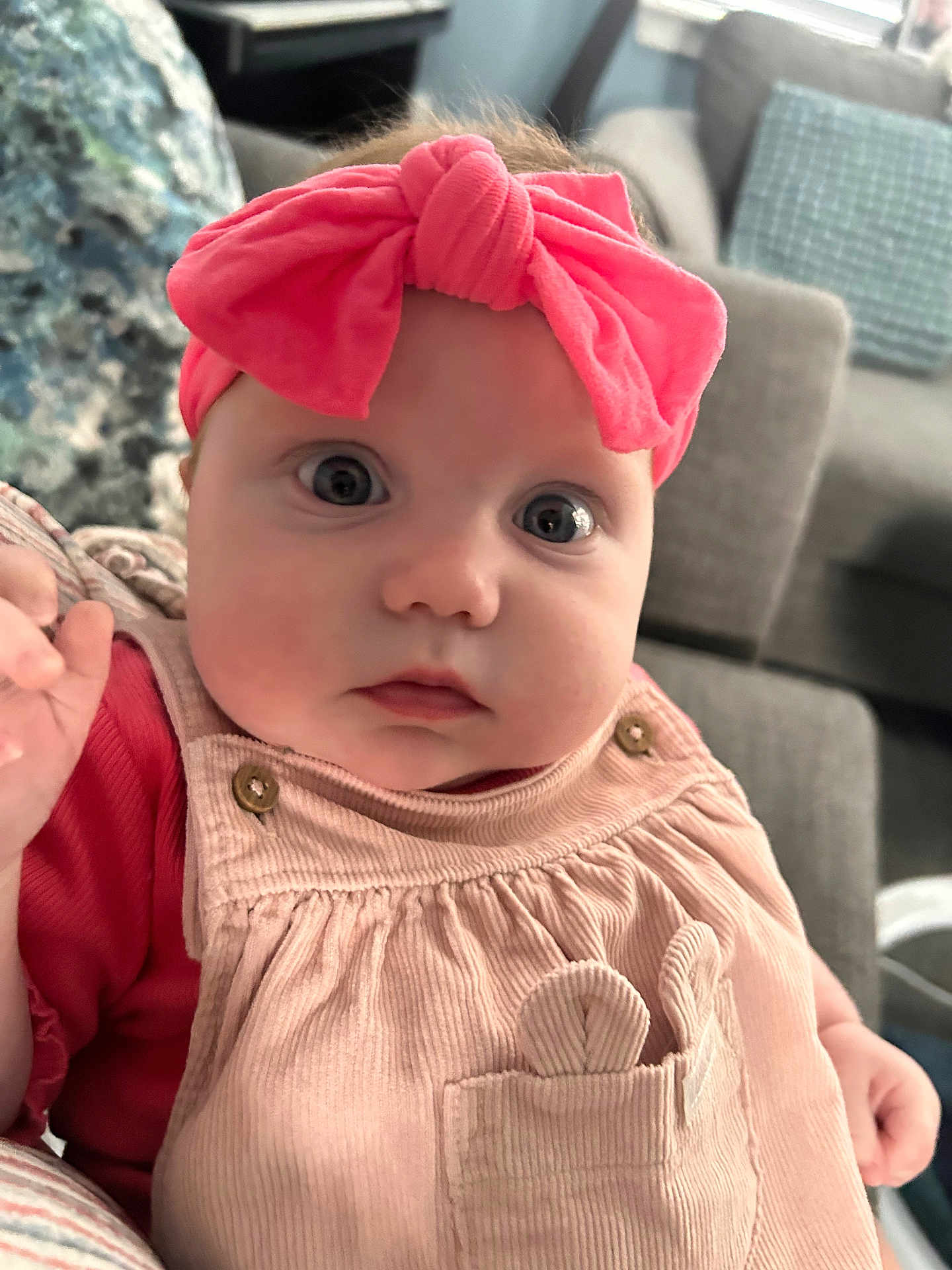 Ellie joined the competition — help win amazing prizes! baby, infant, headband, pink, dress, corduroy, closeup, face, indoor, couch, cushion, child, person, young, cute, wide_eyes, portrait, seated, soft_lighting, apparel