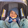 baby, child, hoodie, blanket, car_seat, pacifier, smile, happy, infant, blue_clothing, outdoor, sunlight, cute, face, person, child_seat, warm_clothing, comfort, baby_boy, portrait