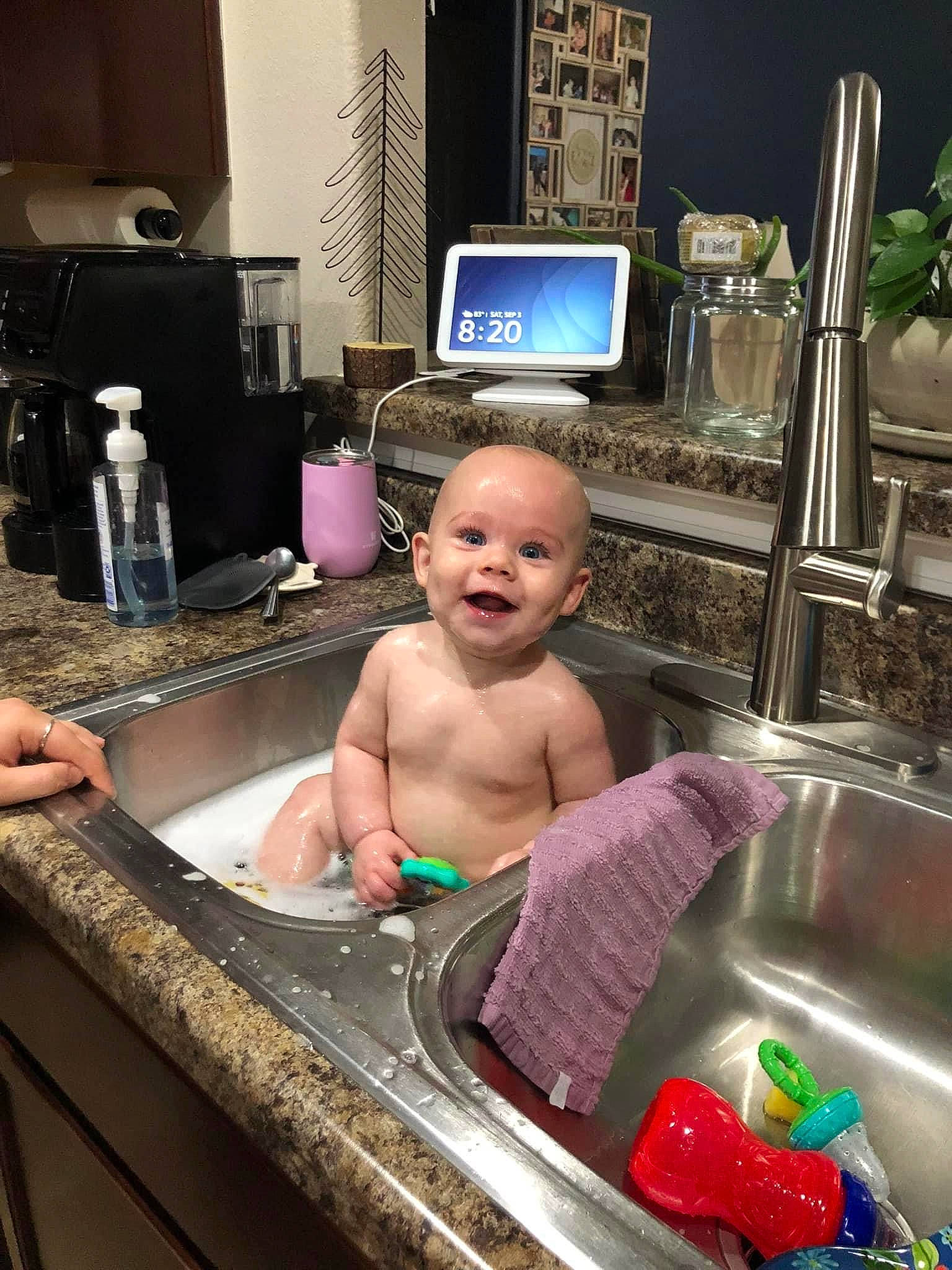 Jackson joined the competition — help win amazing prizes! baby, bathing, chest, computer, fun, leisure, muscle, output_device, person, personal_care, personal_computer, plumbing, plumbing_fixture, product, room, sink, smile, tap, thumb, toddler