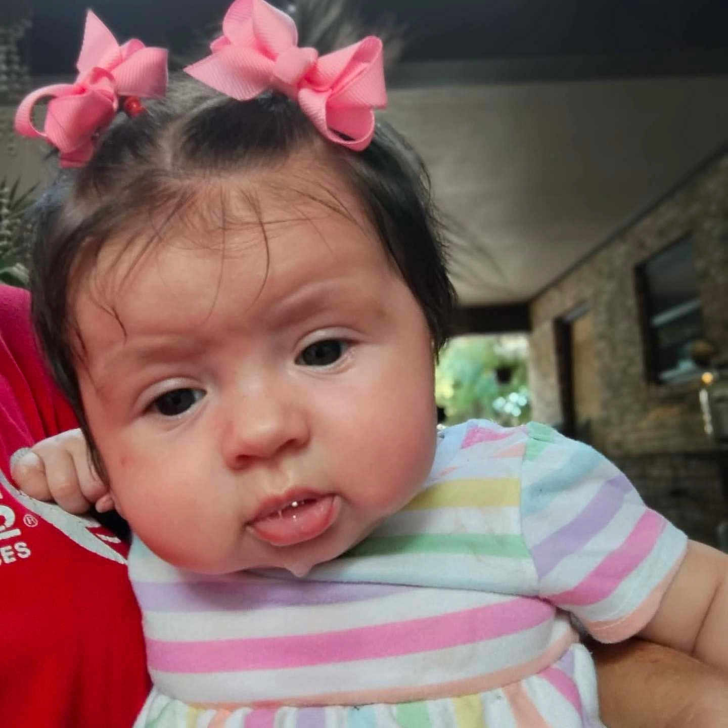 Mackenzie is registered to the contest to win money with this photo: baby, casual_clothing, child, chubby_cheeks, closeup, cute, drooling, expression, face, hair_bow, hand, holding, indoor, infant, person, pink_bow, portrait, skin, striped_dress, toddler