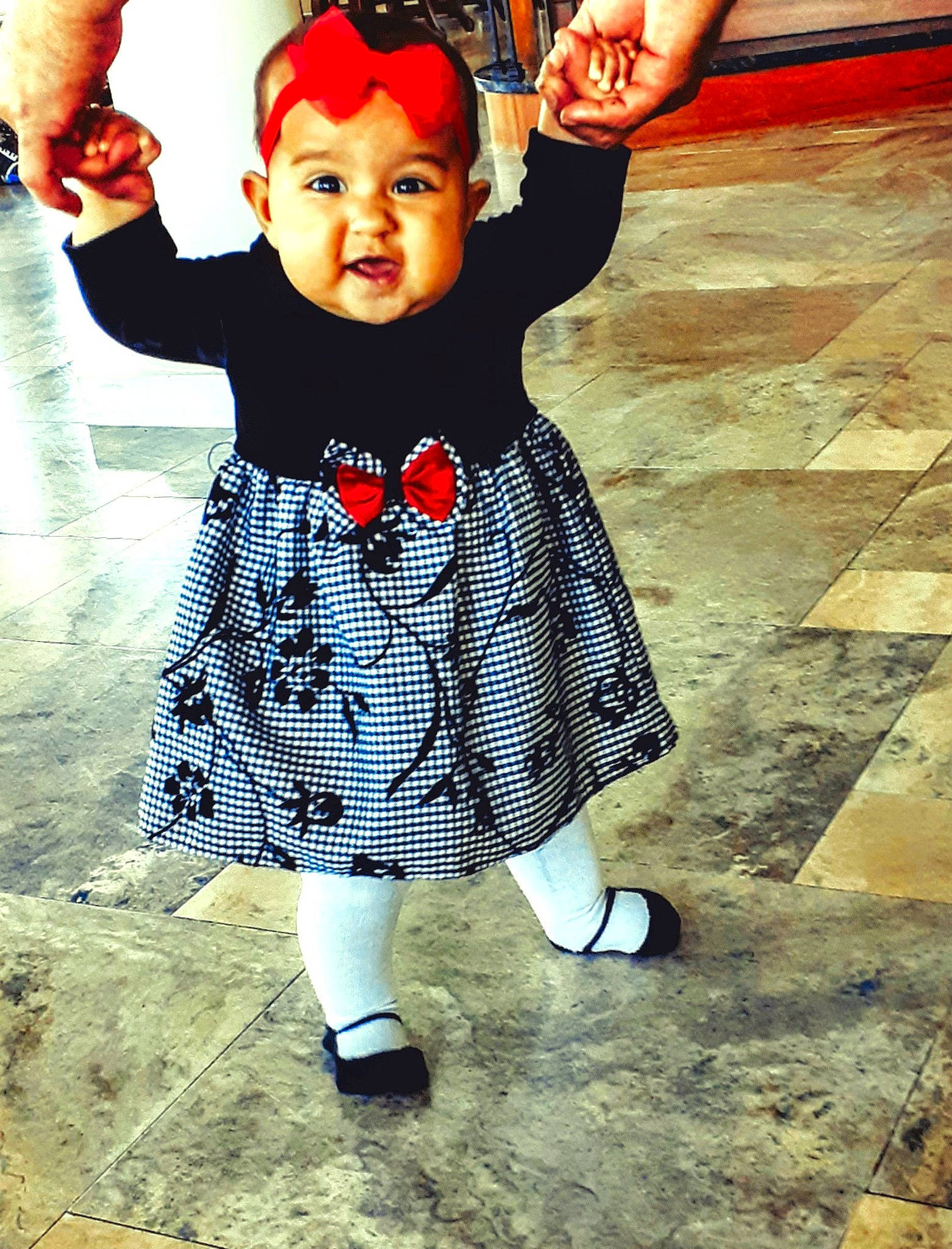 Mia joined the competition — help win amazing prizes! baby, child, child_model, design, dress, footwear, fun, happy, pattern, people, person, photography, plaid, red, shoe, sleeve, smile, tartan, textile, toddler