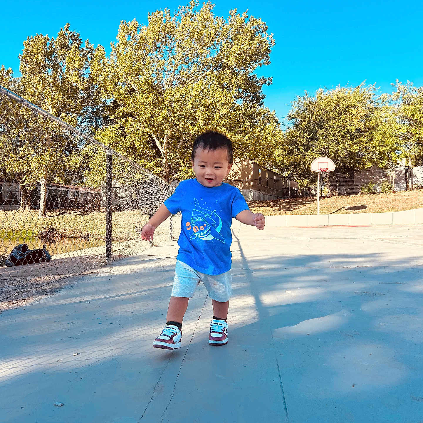 Edvenson joined the competition — help win amazing prizes! basketball_court, blue_shirt, casual_clothing, child, daylight, fence, happy, outdoor, person, playing, recreation, shorts, smiling, sneakers, sport, sunny_day, toddler, trees, walking, young_child