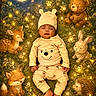 Kaos is registered to the contest to win money with this photo: baby, sleeping, winnie_the_pooh, pajamas, hat, fox, deer, rabbit, hedgehog, teddy_bear, moon, stars, flowers, grass, night, glowing_lights, fantasy, whimsical, nature, cute