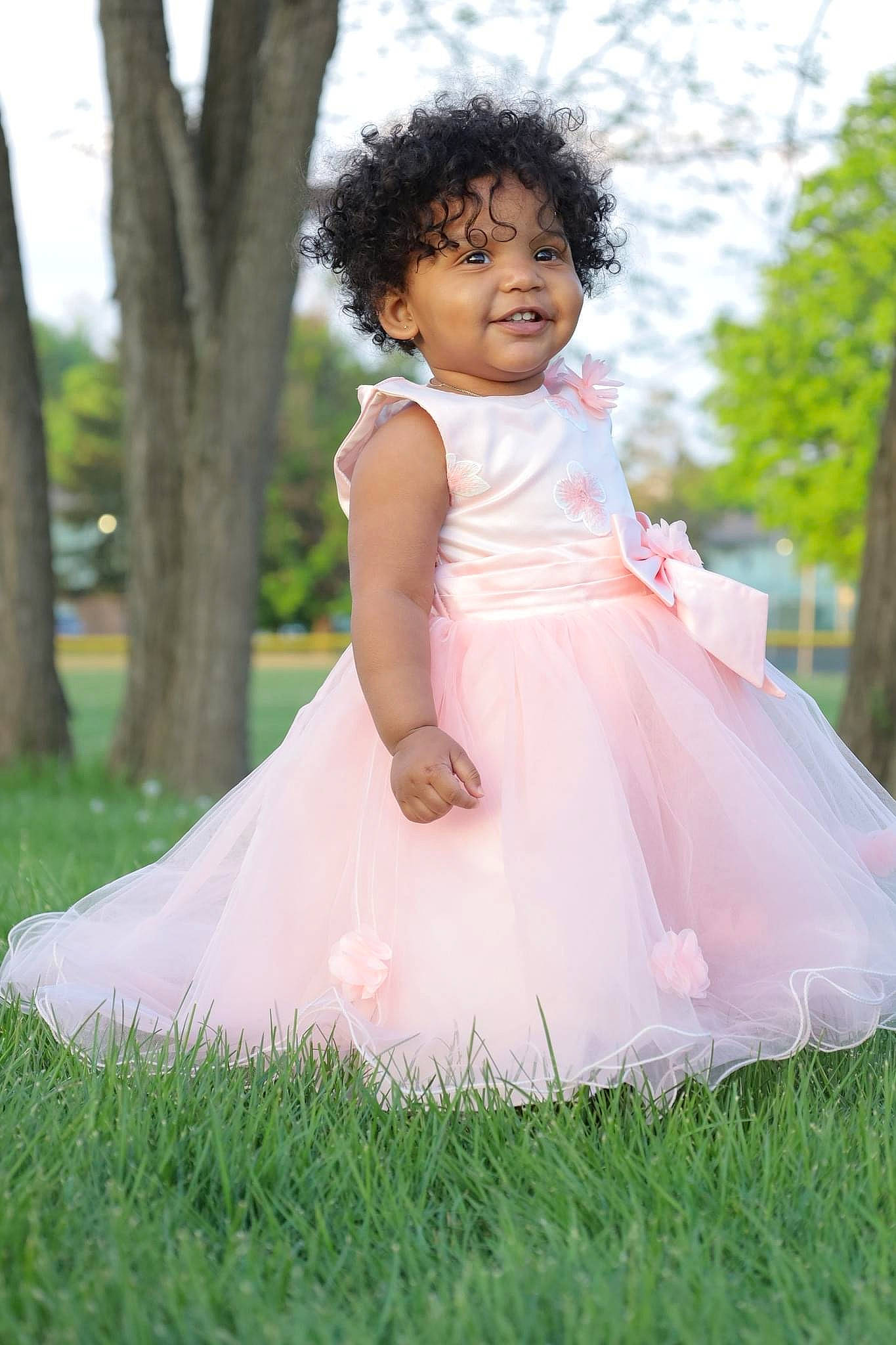 Luna is registered to the contest to win money with this photo: baby, baby_toddler_clothing, bridal_accessory, bridal_clothing, bridal_party_dress, child, dress, event, flash_photography, formal_wear, gown, grass, happy, people_in_nature, person, pink, plant, sky, sleeve, toddler