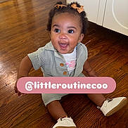 Ocean joined the competition — help win amazing prizes! baby, bows, child, clothing, curly_hair, cute, excited, fashion, flooring, happy, home, indoors, infant, person, portrait, shoes, sitting, smiling, social_media, wooden_floor