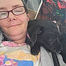 Rosey joined the competition — help win amazing prizes! animal, black_dog, blanket, casual_clothing, comfort, cozy, cute, dog, face, glasses, home, indoors, person, pet, portrait, puppy, resting, smile, snuggling, young_adult