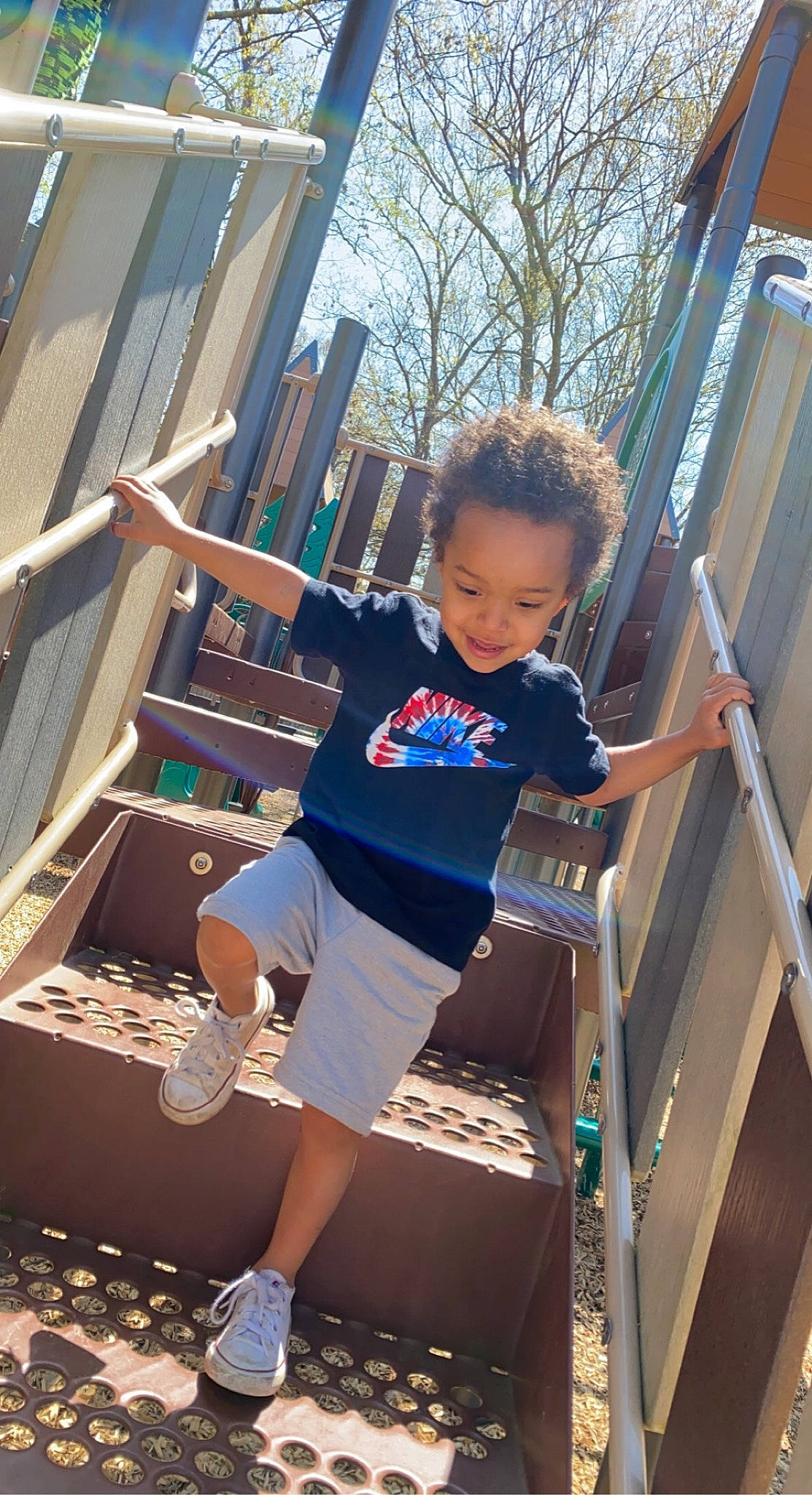 Aiden joined the competition — help win amazing prizes! calf, child, chute, city, electric_blue, fun, human_leg, joy, leg, leisure, outdoor_play_equipment, person, play, recreation, shorts, sneakers, stairs, t_shirt, thigh, toddler