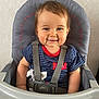 Tyam participe au concours pour gagner de l'argent avec cette photo : baby, child, toddler, high_chair, smile, face, seatbelt, clothing, striped_shirt, indoor, wall, happy, person, hair, cheeks, young_child, sitting, cute, infant, portrait