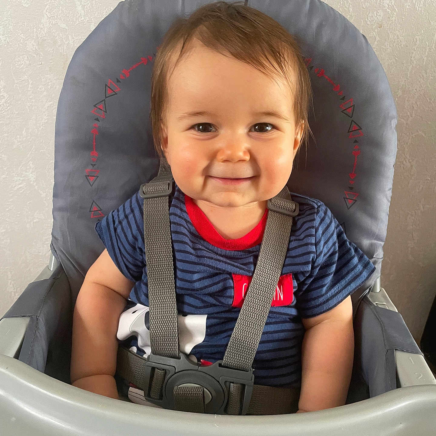 Tyam participe au concours pour gagner de l'argent avec cette photo : baby, cheeks, child, clothing, cute, face, hair, happy, high_chair, indoor, infant, person, portrait, seatbelt, sitting, smile, striped_shirt, toddler, wall, young_child