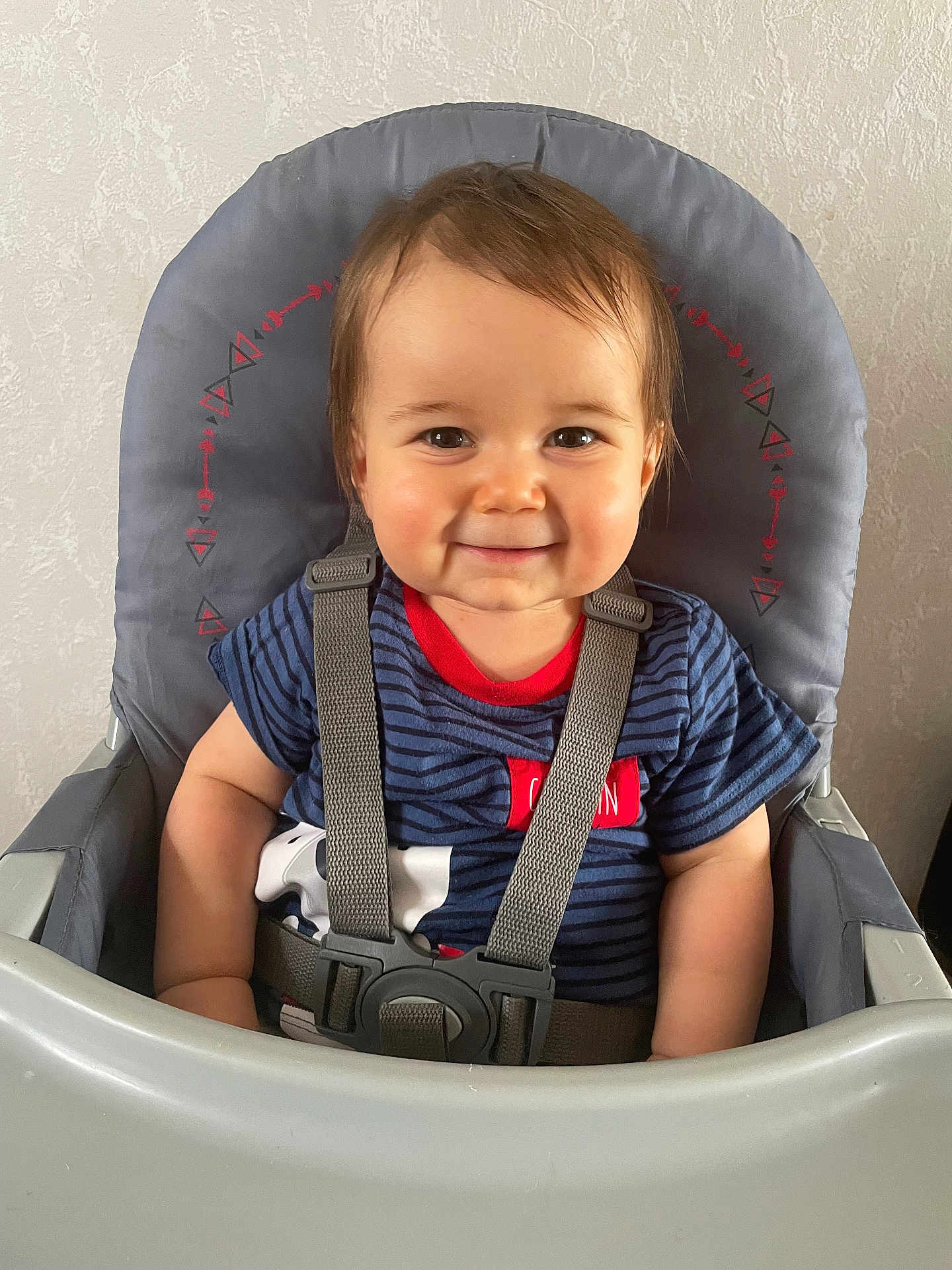 Tyam participe au concours pour gagner de l'argent avec cette photo : baby, child, toddler, high_chair, smile, face, seatbelt, clothing, striped_shirt, indoor, wall, happy, person, hair, cheeks, young_child, sitting, cute, infant, portrait