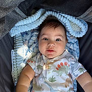 Nikko Lee joined the competition — help win amazing prizes! baby, infant, child, blanket, dinosaur_print, clothing, cute, face, portrait, lying_down, soft_texture, cozy, expression, indoors, closeup, head, skin, person, young, adorable