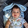 baby, infant, child, blanket, dinosaur_print, clothing, cute, face, portrait, lying_down, soft_texture, cozy, expression, indoors, closeup, head, skin, person, young, adorable
