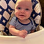 Ryder joined the competition — help win amazing prizes! baby, child, smiling, high_chair, striped_shirt, blue_and_white, face, cute, infant, sitting, happy, indoor, cushion, pattern, person, young_child, portrait, feeding_chair, hand, eyes
