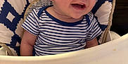 Ryder joined the competition — help win amazing prizes! baby, child, high_chair, smiling, striped_shirt, face, infant, cheeky_grin, blue_and_white, cushion, feeding_chair, happy, seated, indoor, young_child, cute, portrait, playful, human, person
