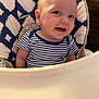 baby, child, high_chair, smiling, striped_shirt, face, infant, cheeky_grin, blue_and_white, cushion, feeding_chair, happy, seated, indoor, young_child, cute, portrait, playful, human, person