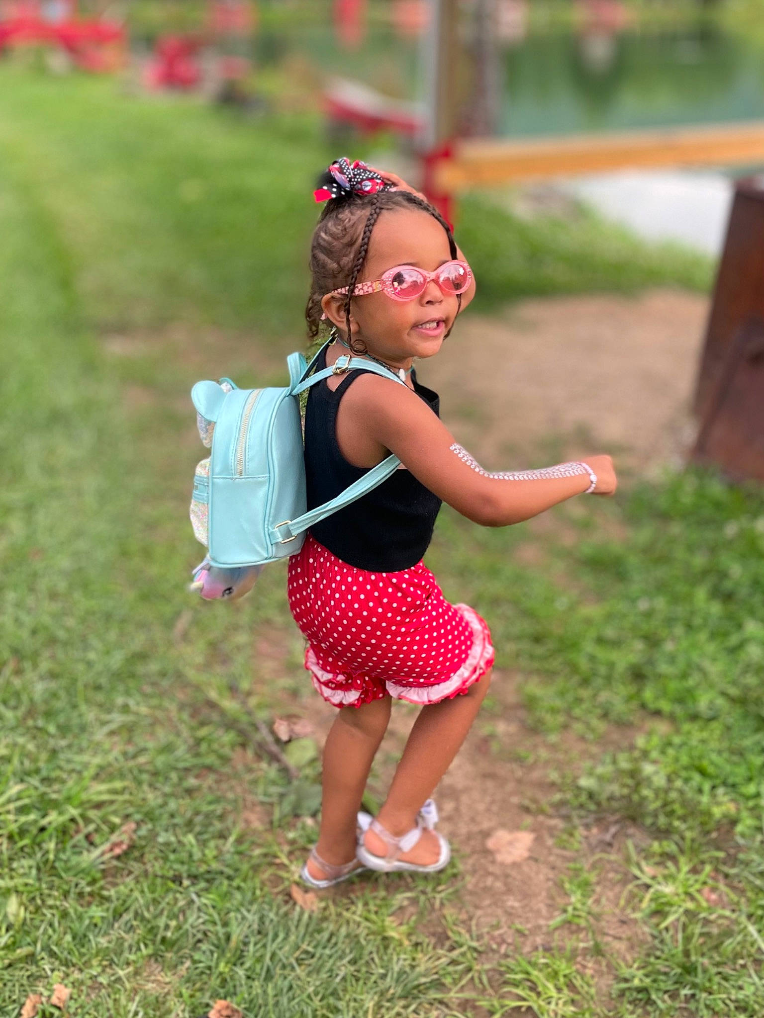 Jordynn Nichole-khaliana is registered to the contest to win money with this photo: event, eye, eyewear, fun, grass, grass_family, grassland, happy, leisure, magenta, people_in_nature, person, plant, recreation, sandal, smile, summer, sunlight, toddler, trunk