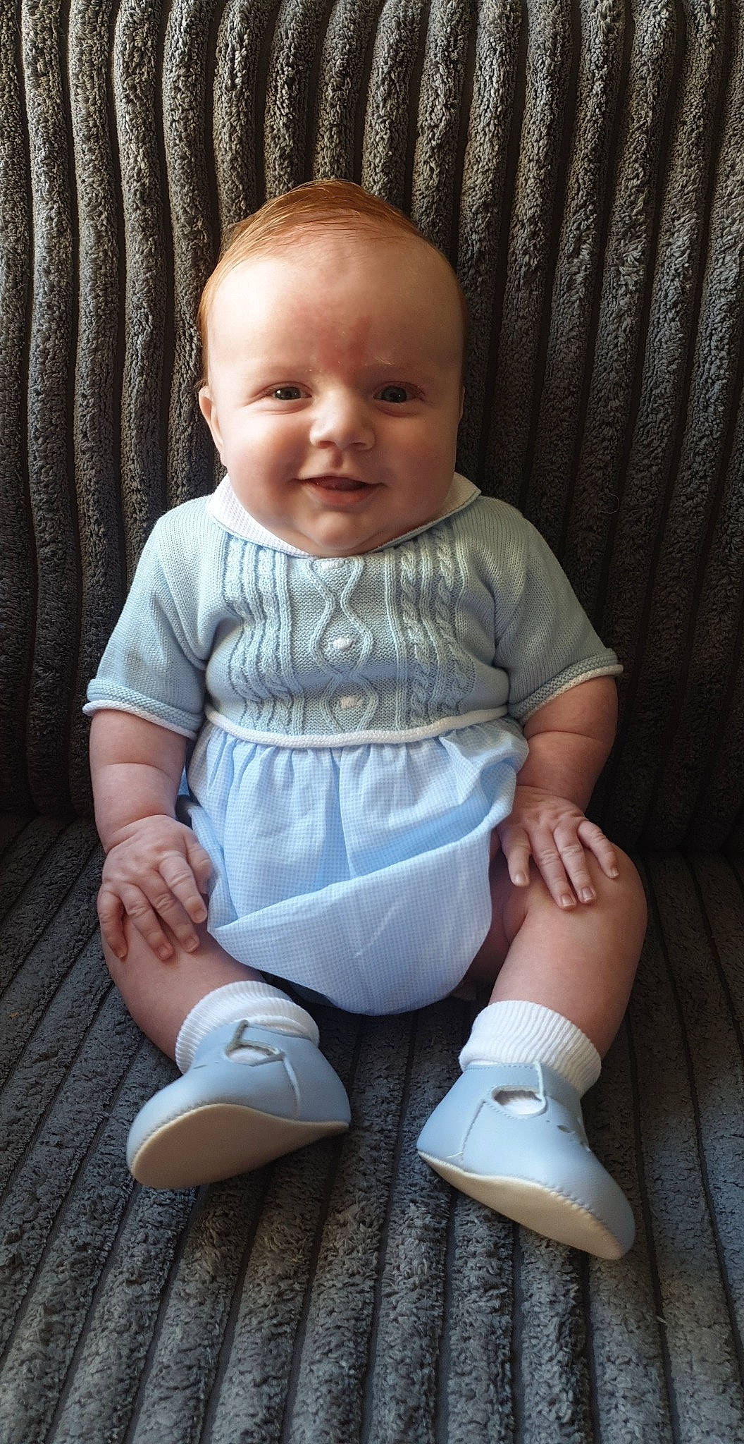 Richie joined the competition — help win amazing prizes! baby, baby_toddler_clothing, child, joy, person, shoe, sitting, smile, toddler