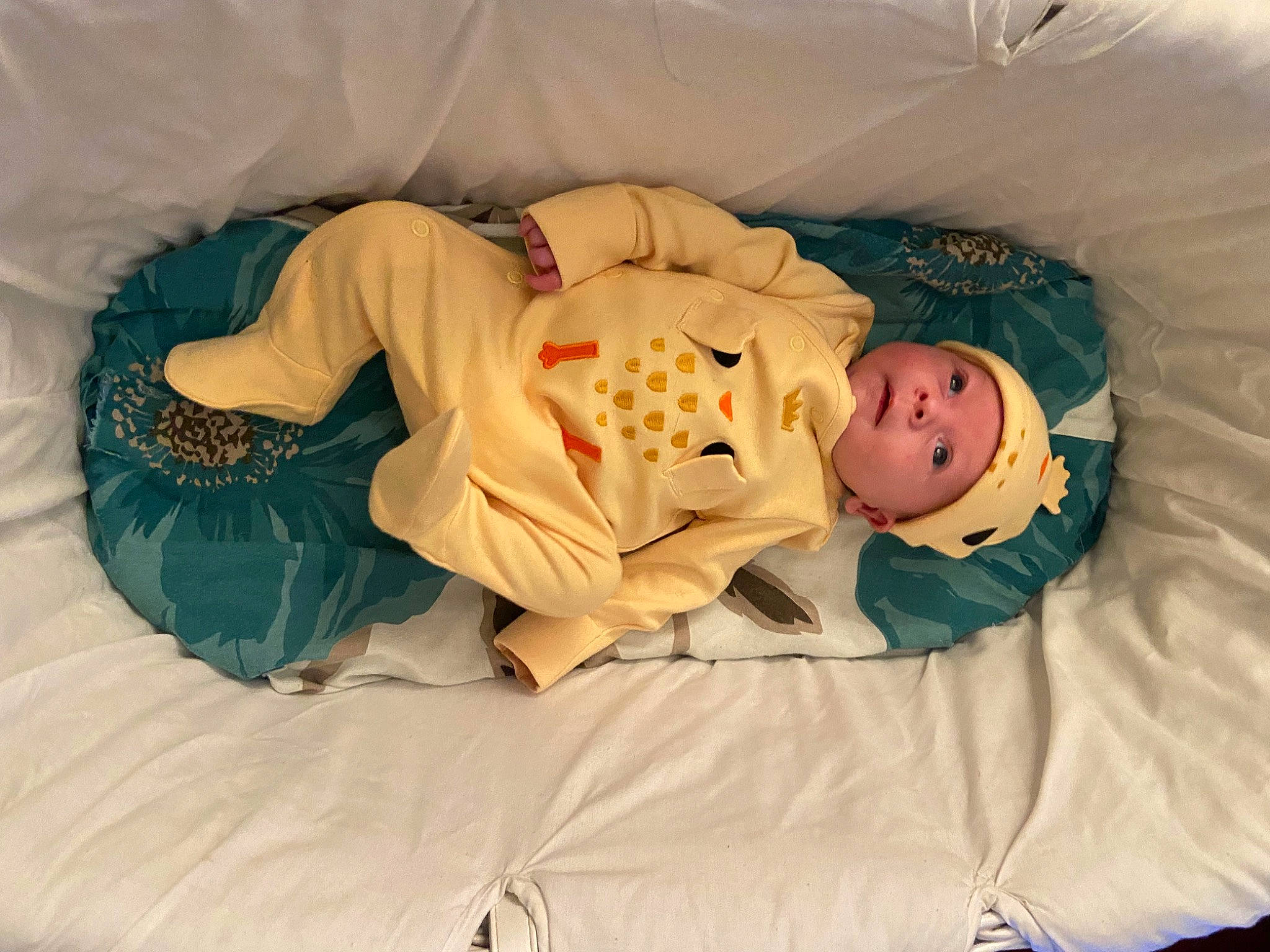 Archie is registered to the contest to win money with this photo: baby, baby_sleeping, baby_toddler_clothing, bed, bedding, bedtime, child, comfort, eye, fun, hat, head, headwear, human_body, linens, nap, person, room, sitting, sleep