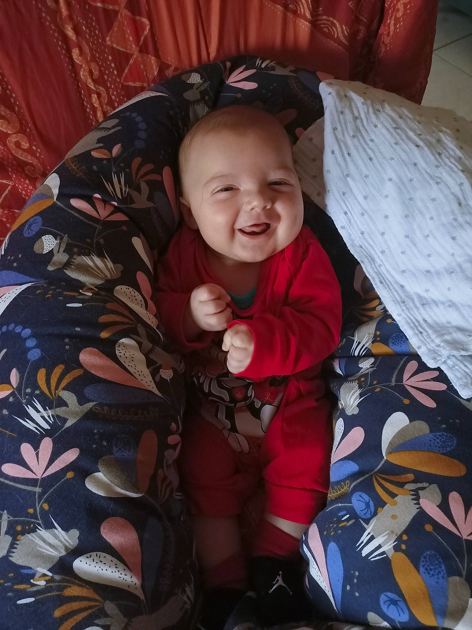 Kyle participe au concours pour gagner de l'argent avec cette photo : baby, baby_toddler_clothing, car_seat, child, comfort, fun, happy, lap, laugh, linens, pattern, person, play, room, sitting, sleeve, smile, textile, toddler, tree