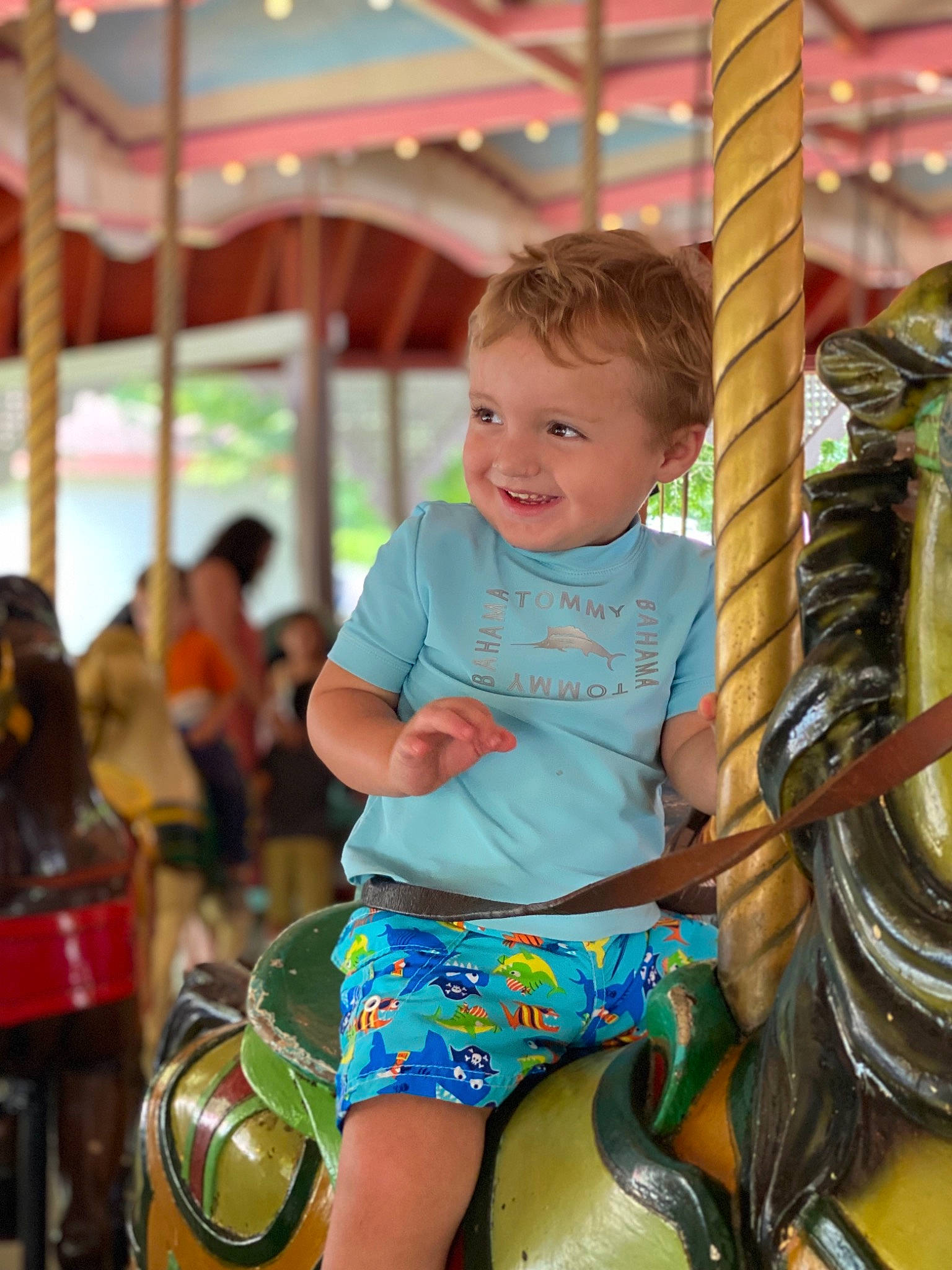 Benjamyn is registered to the contest to win money with this photo: automotive_tire, carousel, child, city, fun, happy, joy, leisure, organ, person, photograph, playground, public_space, recreation, shorts, smile, snapshot, standing, summer, t_shirt