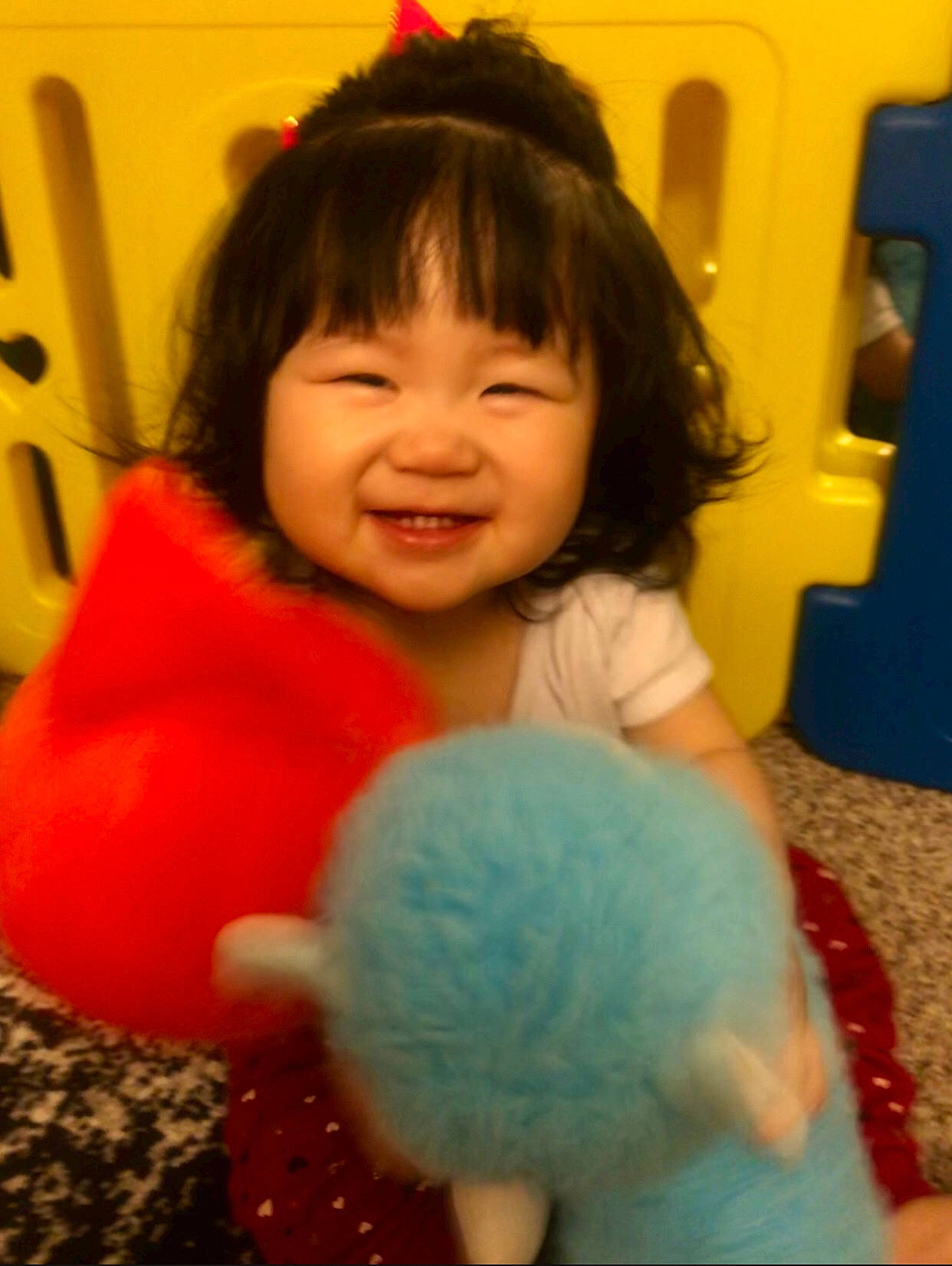 Emry joined the competition — help win amazing prizes! baby, cheek, child, face, fun, fur, joy, nose, person, play, plush, skin, smile, stuffed_toy, teddy_bear, textile, toddler, toy