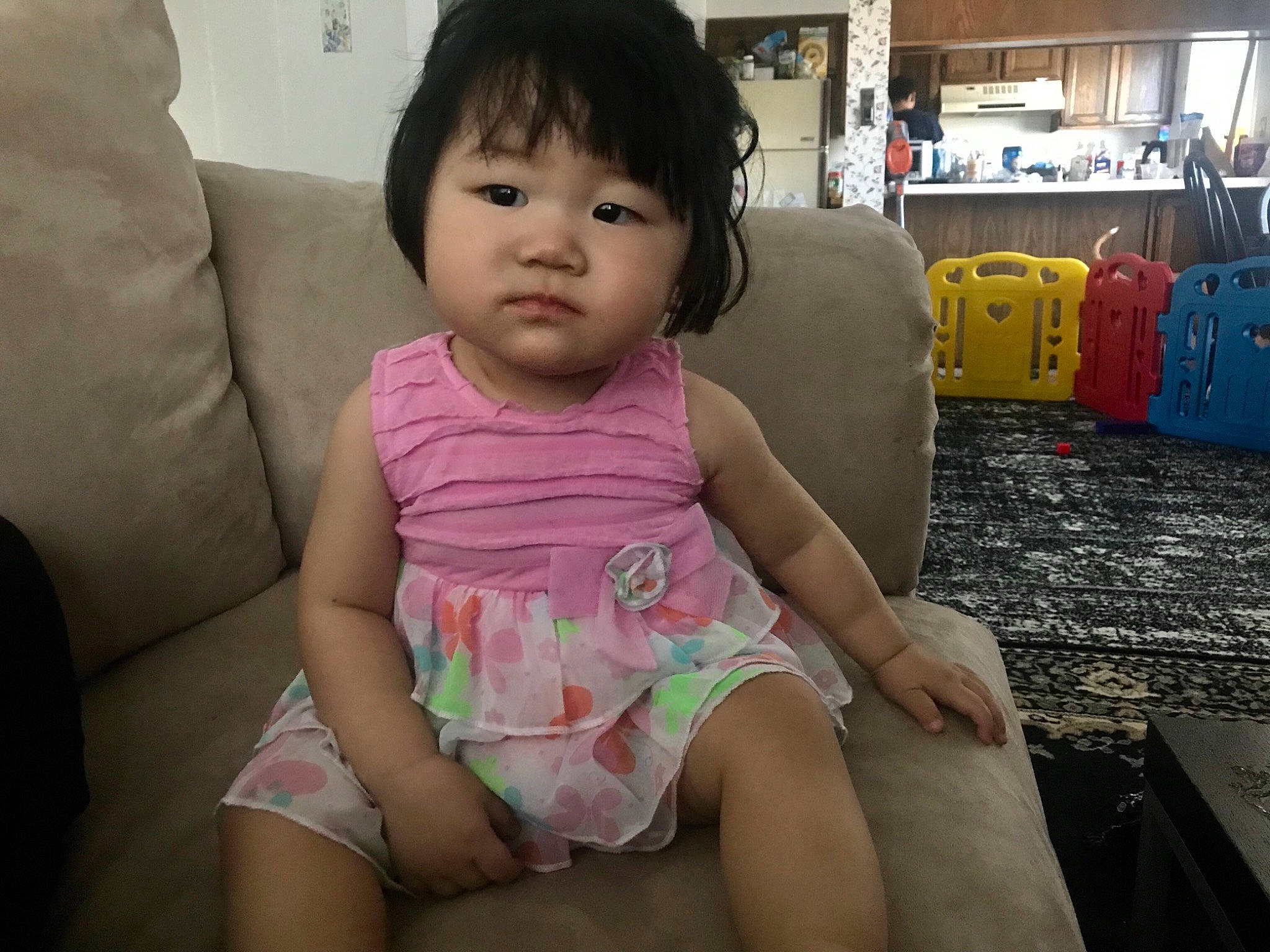 Emry joined the competition — help win amazing prizes! baby, beauty, black_hair, cheek, child, daughter, furniture, leg, person, sitting, skin, smile, thigh, toddler