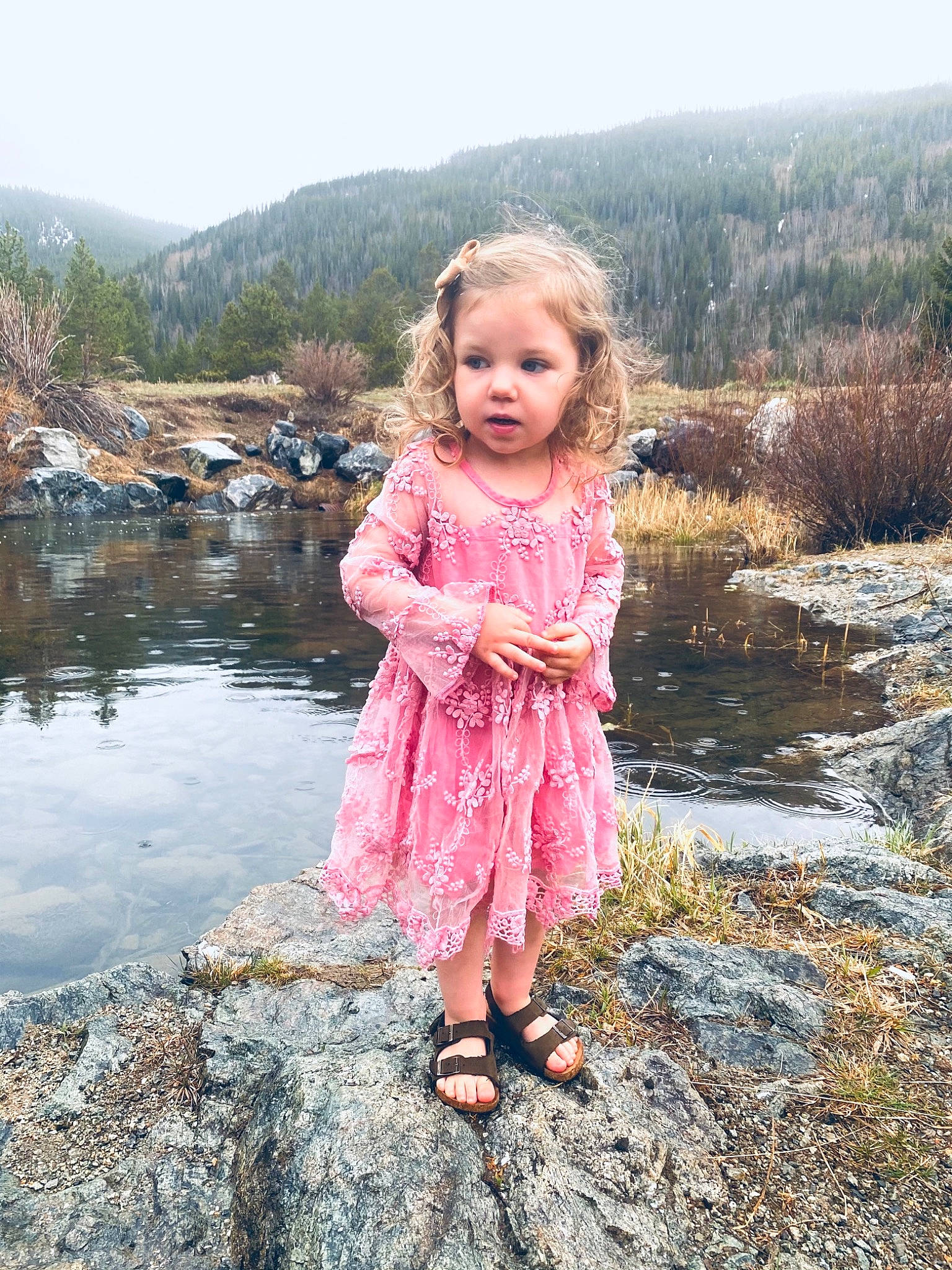 Matilda joined the competition — help win amazing prizes! bank, dress, eye, footwear, grass, happy, landscape, leisure, mountain, natural_landscape, people_in_nature, person, plant, sandal, sky, summer, toddler, tree, water, water_resources