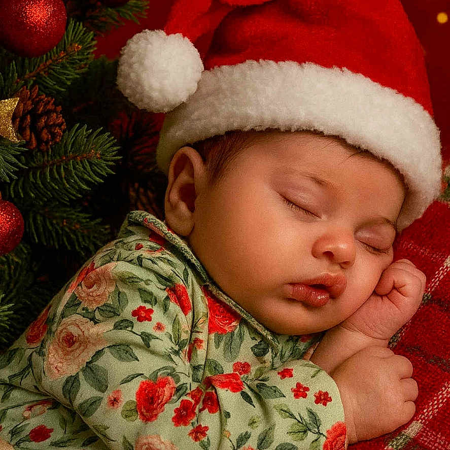 Summer is registered to the contest to win money with this photo: baby, celebration, child, christmas_ornaments, christmas_tree, cozy, cute, festive, floral_outfit, holiday, holiday_decor, indoors, infant, peaceful, portrait, red_blanket, santa_hat, seasonal, sleeping, soft_lighting