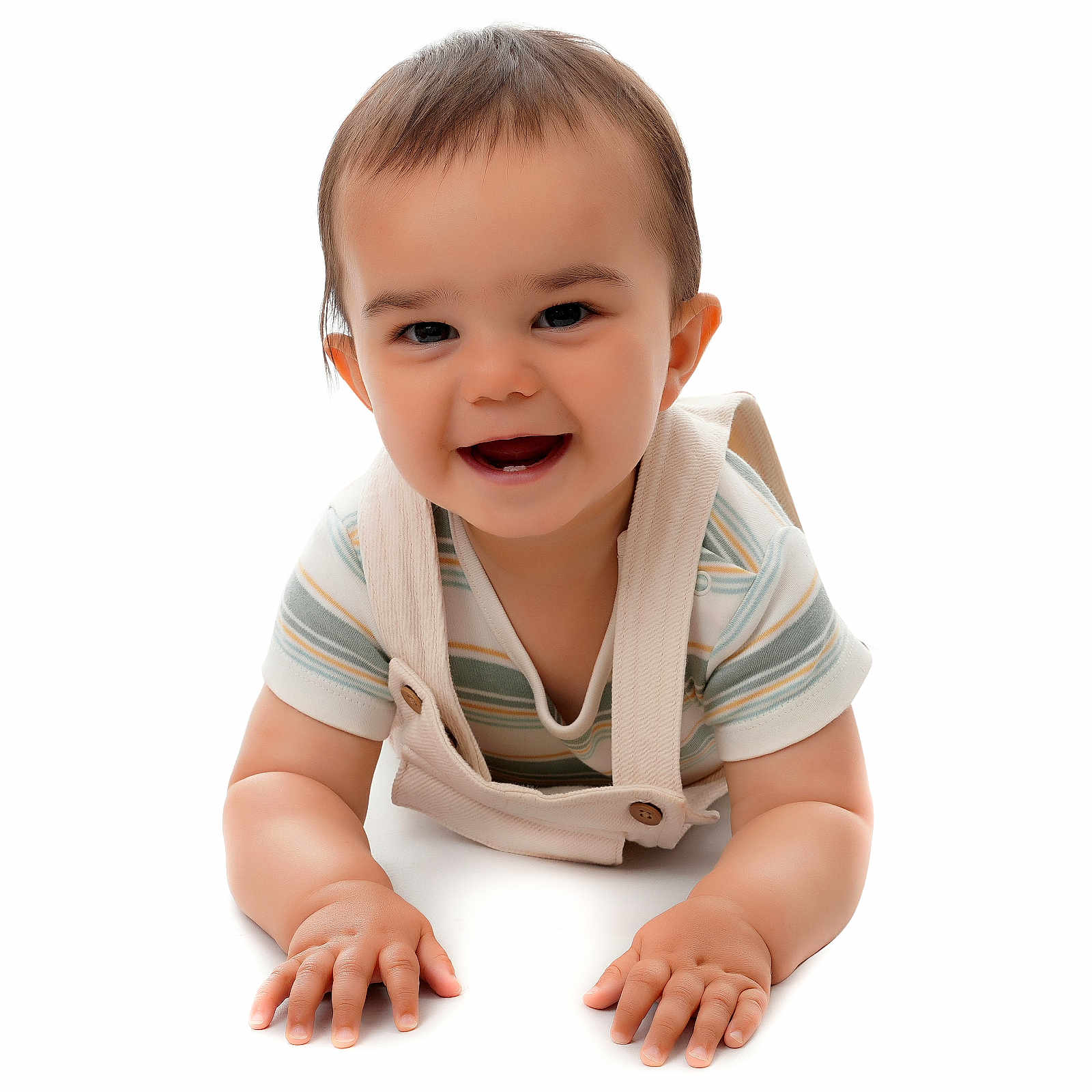 Elijah joined the competition — help win amazing prizes! baby, child, crawling, cute, expression, eyes, face, hair, hands, happy, infant, overalls, person, portrait, skin, smiling, striped_shirt, studio, white_background, young