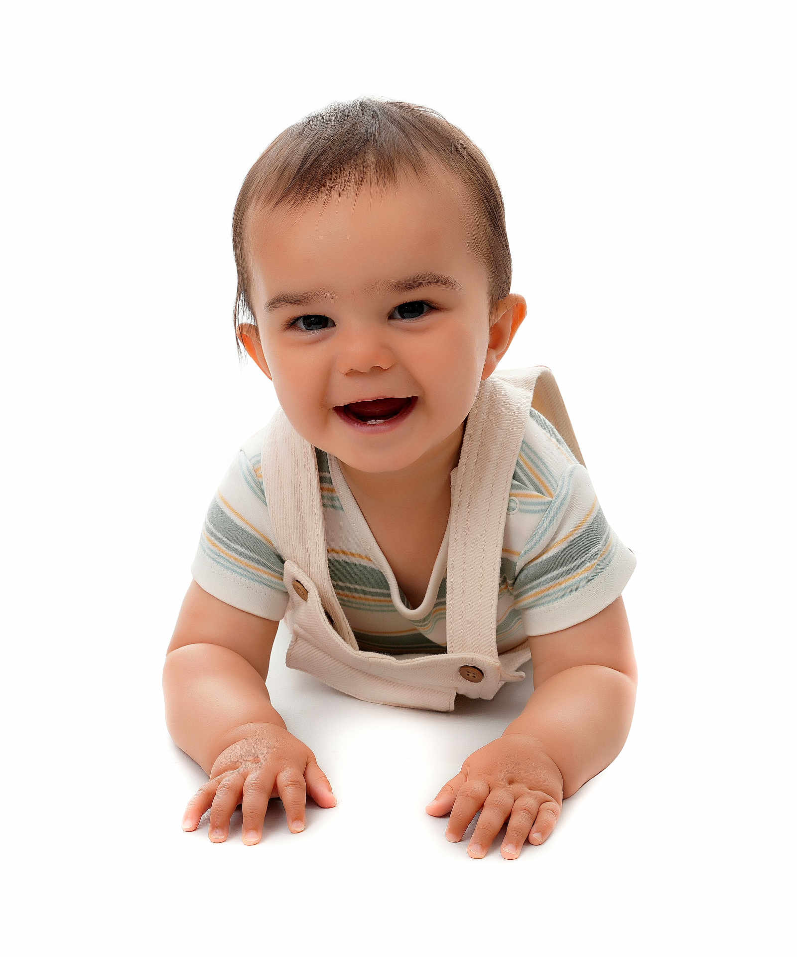 Elijah joined the competition — help win amazing prizes! baby, child, crawling, smiling, happy, face, hands, striped_shirt, overalls, cute, infant, portrait, studio, white_background, young, person, skin, eyes, hair, expression