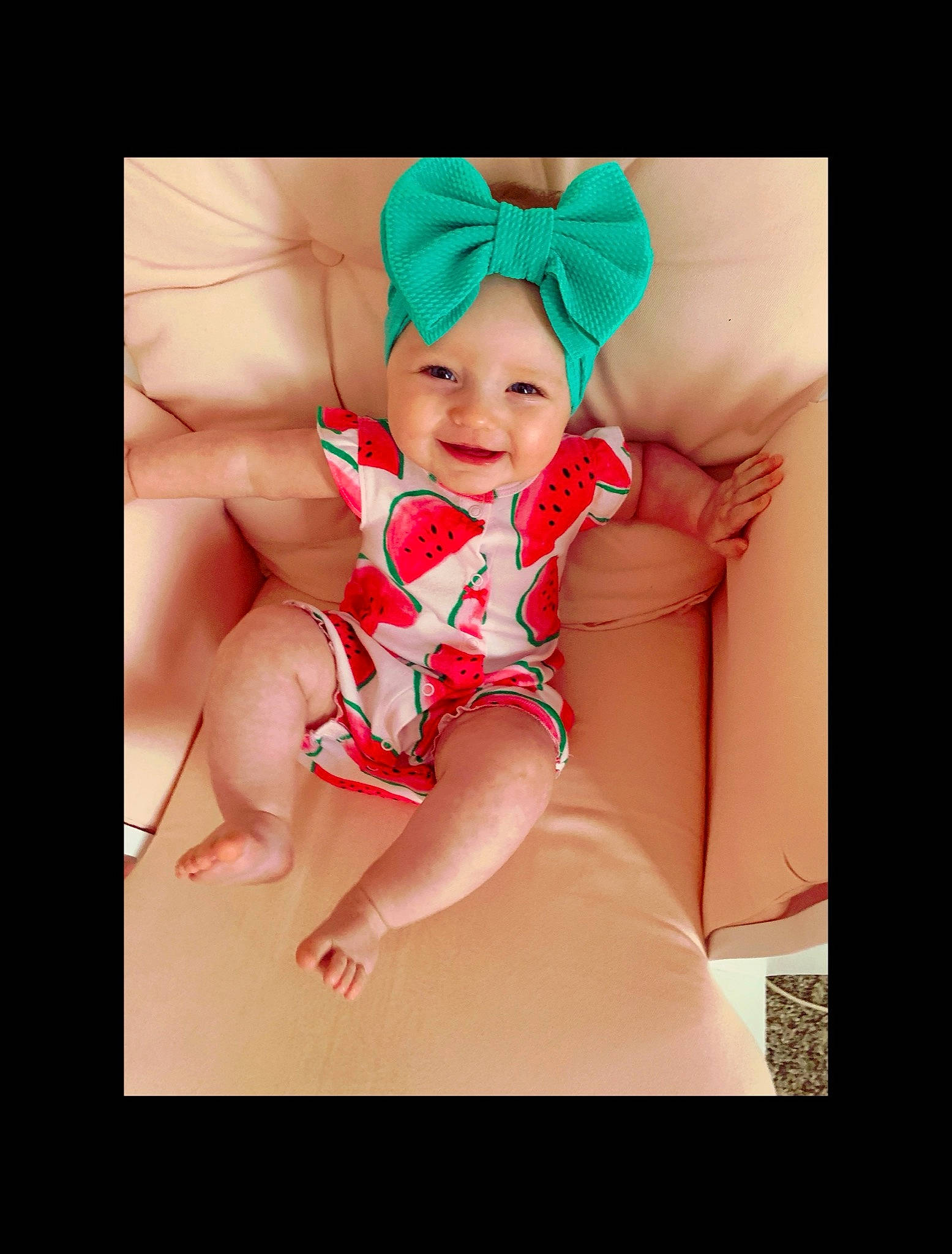 Willow joined the competition — help win amazing prizes! baby, baby_toddler_clothing, cap, comfort, eye, finger, flash_photography, happy, headband, headpiece, headwear, human_leg, joy, magenta, pattern, person, pink, sleeve, smile, t_shirt