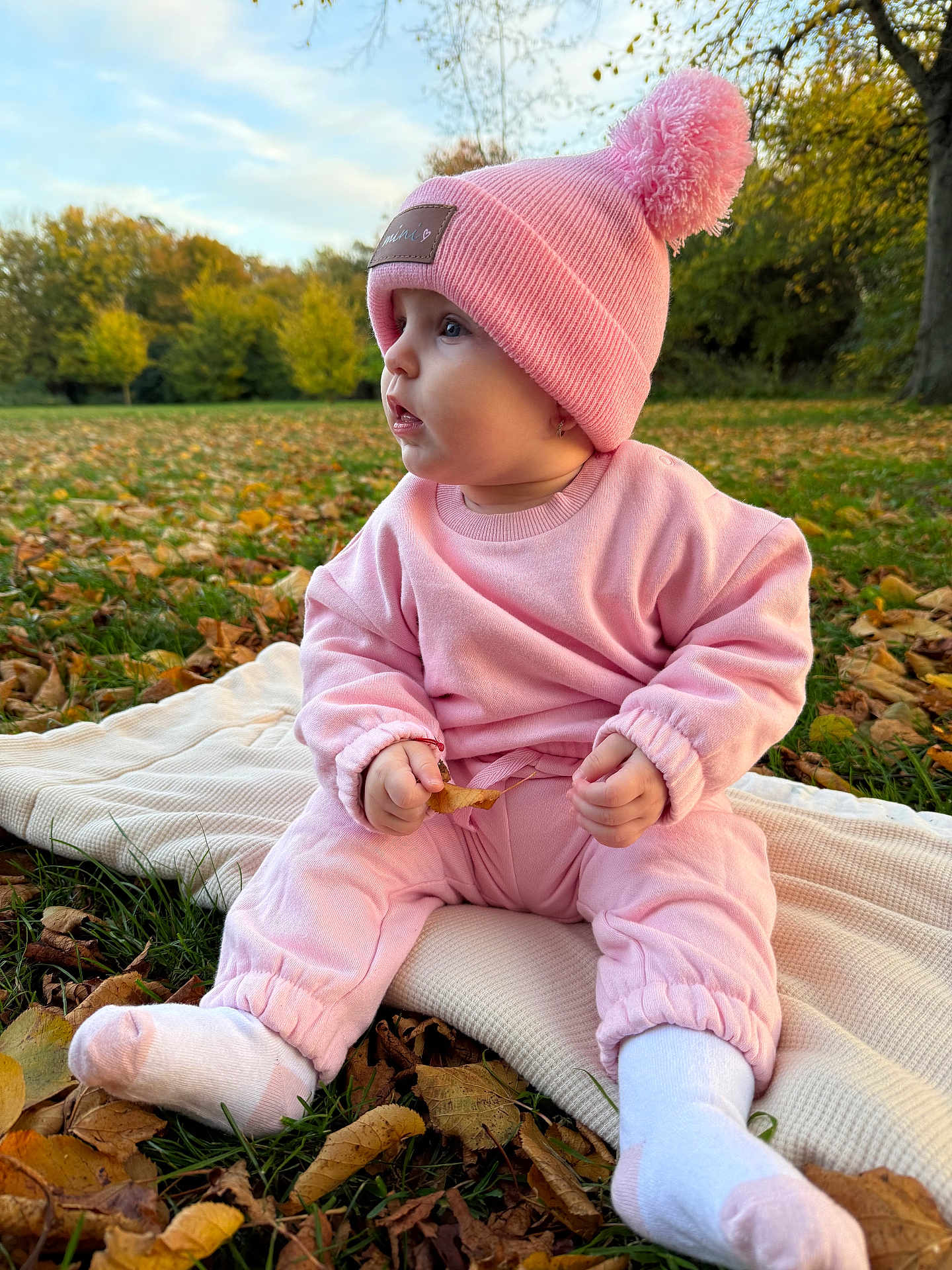 Aria is registered to the contest to win money with this photo: baby, child, pink_clothing, pink_hat, pom_pom_hat, socks, leaf, blanket, grass, autumn_leaves, outdoor, park, trees, fall, nature, side_profile, cute, infant, sitting, daylight