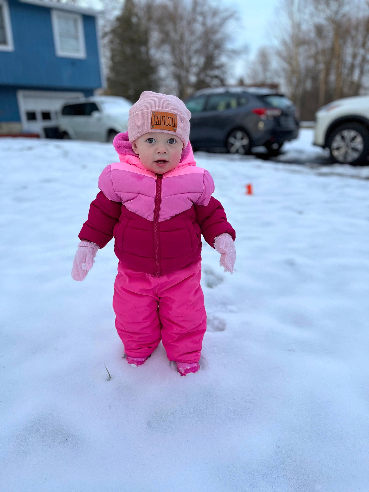 Mckinley joined the competition — help win amazing prizes! automotive_tire, baby, baby_toddler_clothing, car, freezing, fun, headwear, jacket, magenta, parka, person, pink, recreation, sky, snow, tire, toddler, tree, vehicle, wheel
