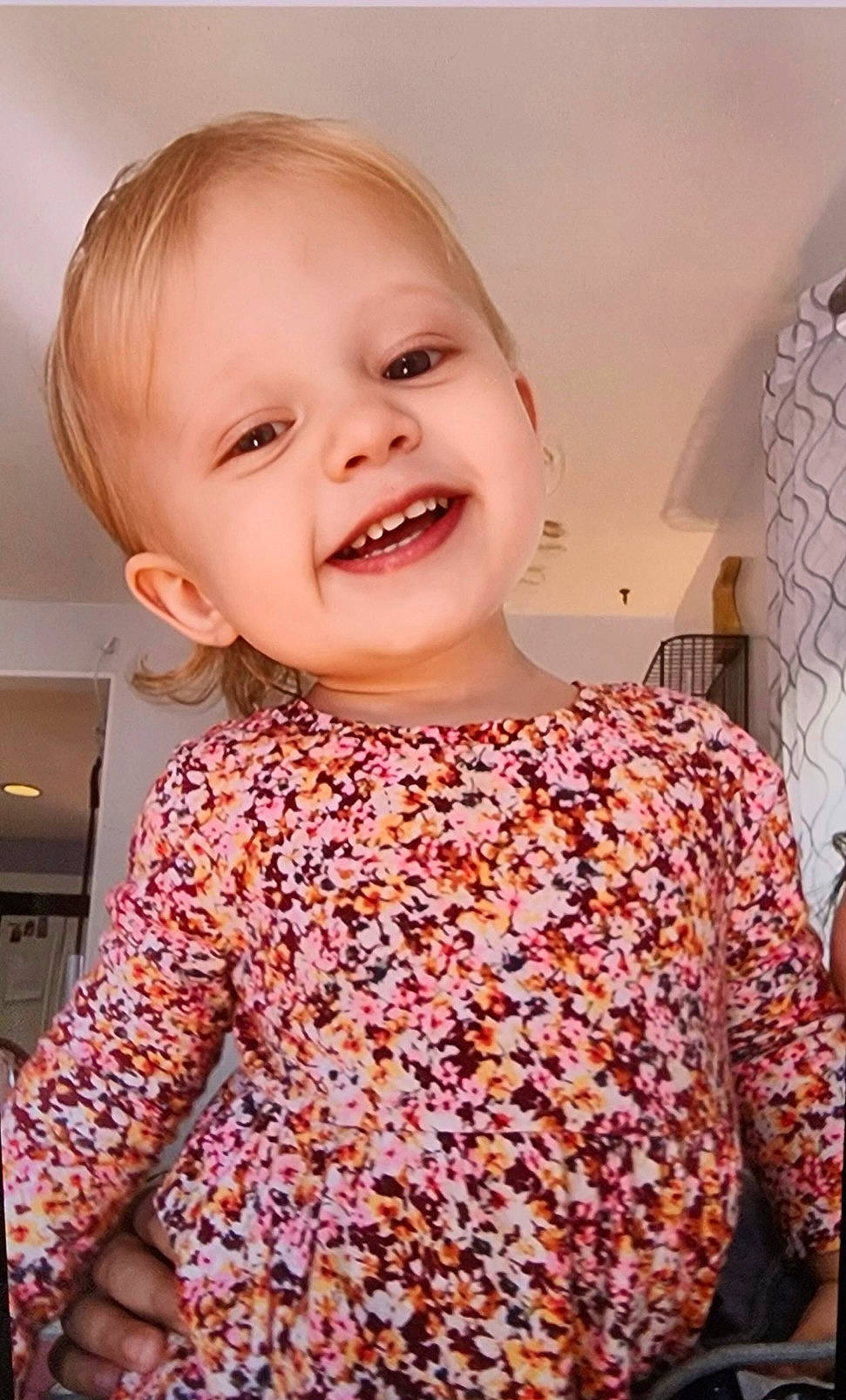 Mckinley joined the competition — help win amazing prizes! baby, baby_toddler_clothing, blond, cheek, child, dress, fun, happy, iris, joy, laugh, magenta, neck, pattern, people, person, pink, skin, sleeve, smile