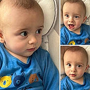 Timeo a rejoint le concours — aidez-le/la à gagner de superbes lots ! baby, bear_design, blue_shirt, child, close_up, curious, cute, expression, eyes, face, head, indoor, infant, mouth, person, portrait, seated, skin, smiling, soft_cushion