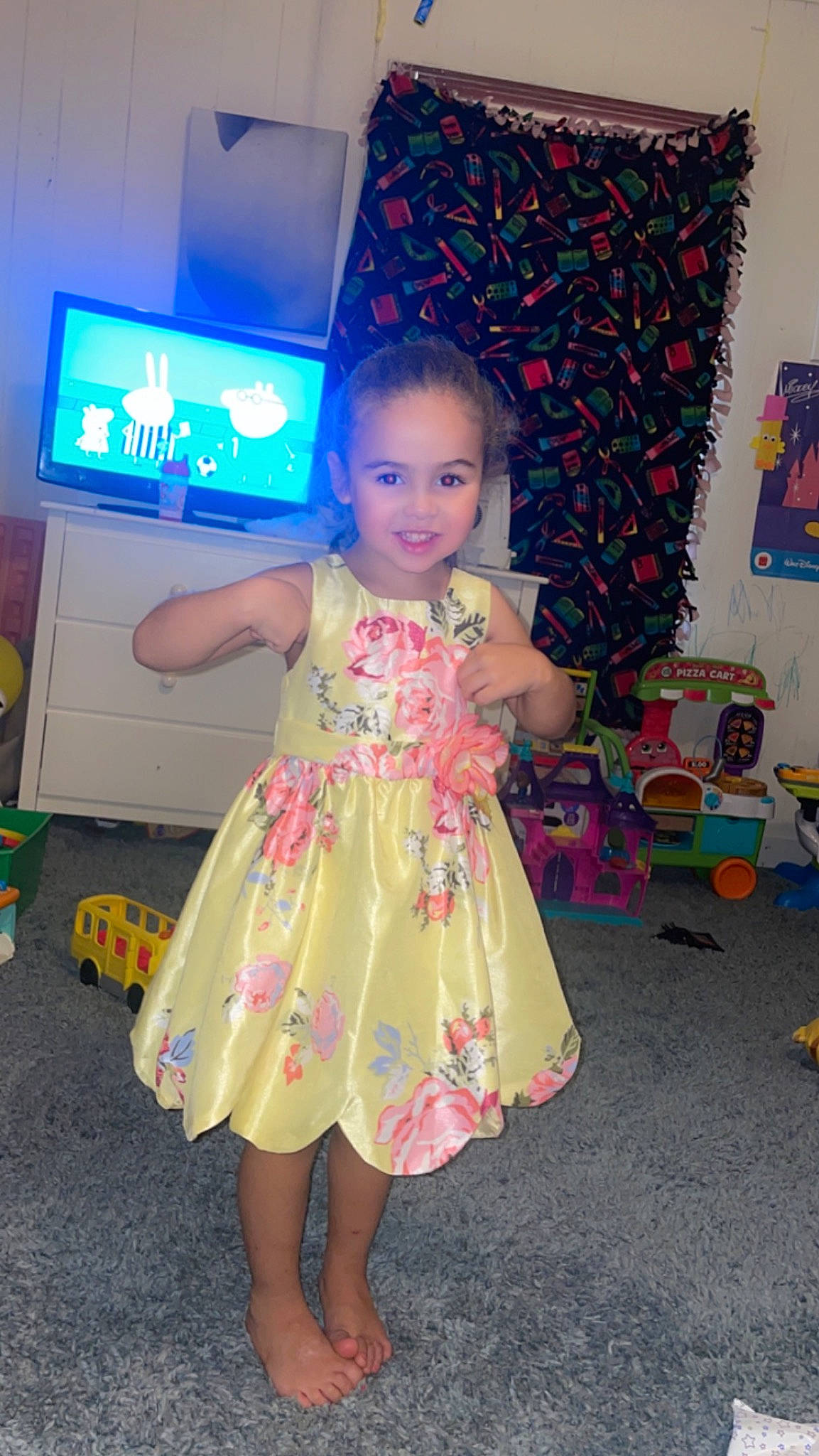 Maleigha joined the competition — help win amazing prizes! child, day_dress, dress, entertainment, event, fashion_design, flooring, fun, happy, human_leg, joy, leg, magenta, party, pattern, person, sandal, smile, television, thigh