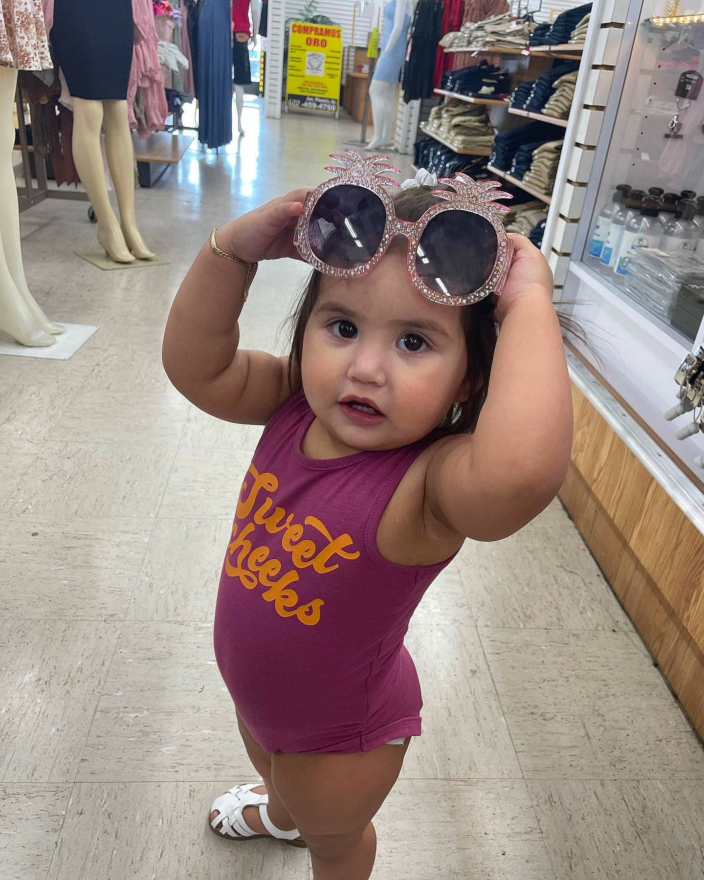 Lillianna joined the competition — help win amazing prizes! baby_toddler_clothing, event, eyewear, fun, goggles, happy, hat, headwear, human_leg, joint, leg, leisure, person, pink, shoe, street_fashion, sunglasses, t_shirt, thigh, toddler