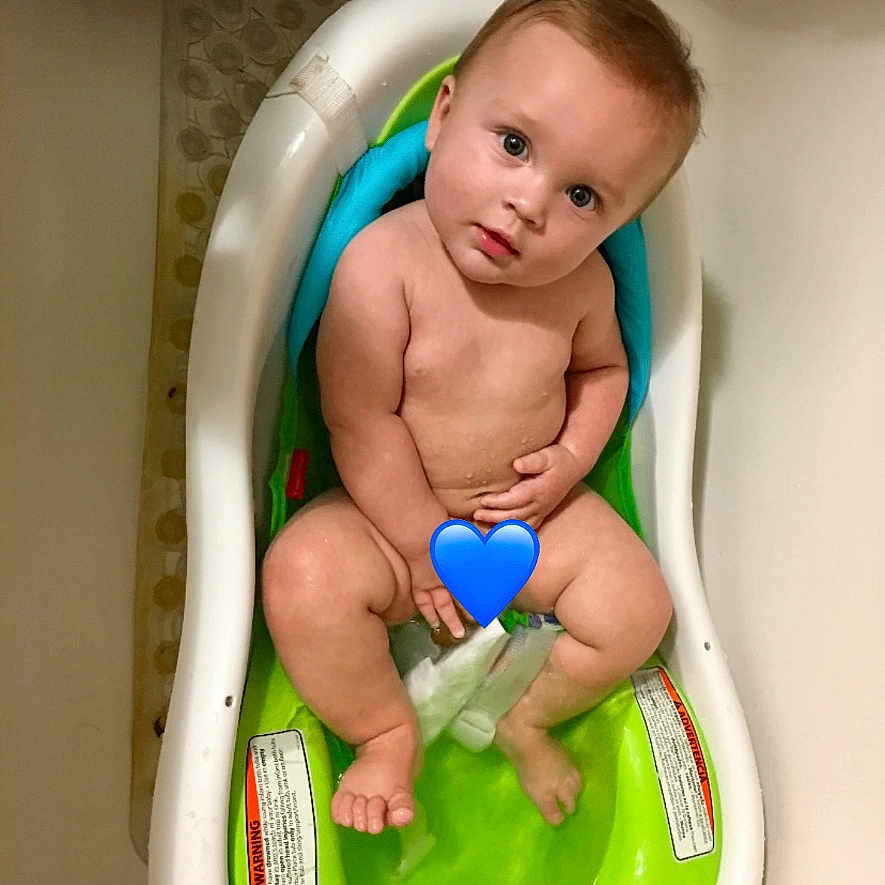 Ashton joined the competition — help win amazing prizes! arm, baby, bath, bathseat, bathtub, blue_heart_emoji, child, cute, expression, feet, head, indoors, infant, legs, looking_up, naked, person, sitting, skin, water